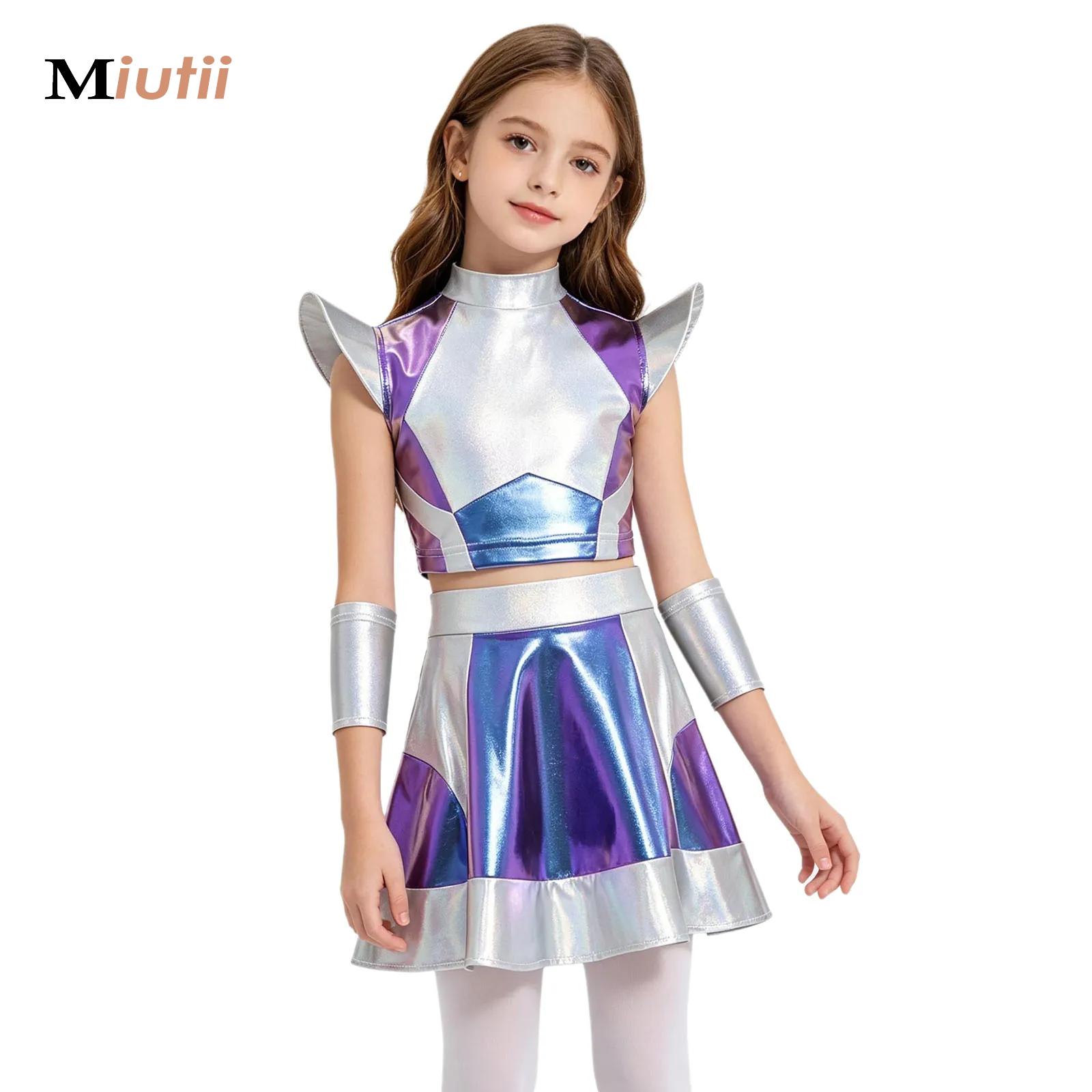 Robot Kit - ชุดนักบินอวกาศสีเงินสำหรับเด็กผู้หญิง ชุดจั๊มสูทเอเลี่ยน ชุดนักบินอวกาศ ชุดคอสเพลย์ฮาโลวีน ชุดแต่งกายสำหรับงานปาร์ตี้ ชุดเล่นบทบาทนักบินอวกาศหุ่นยนต์